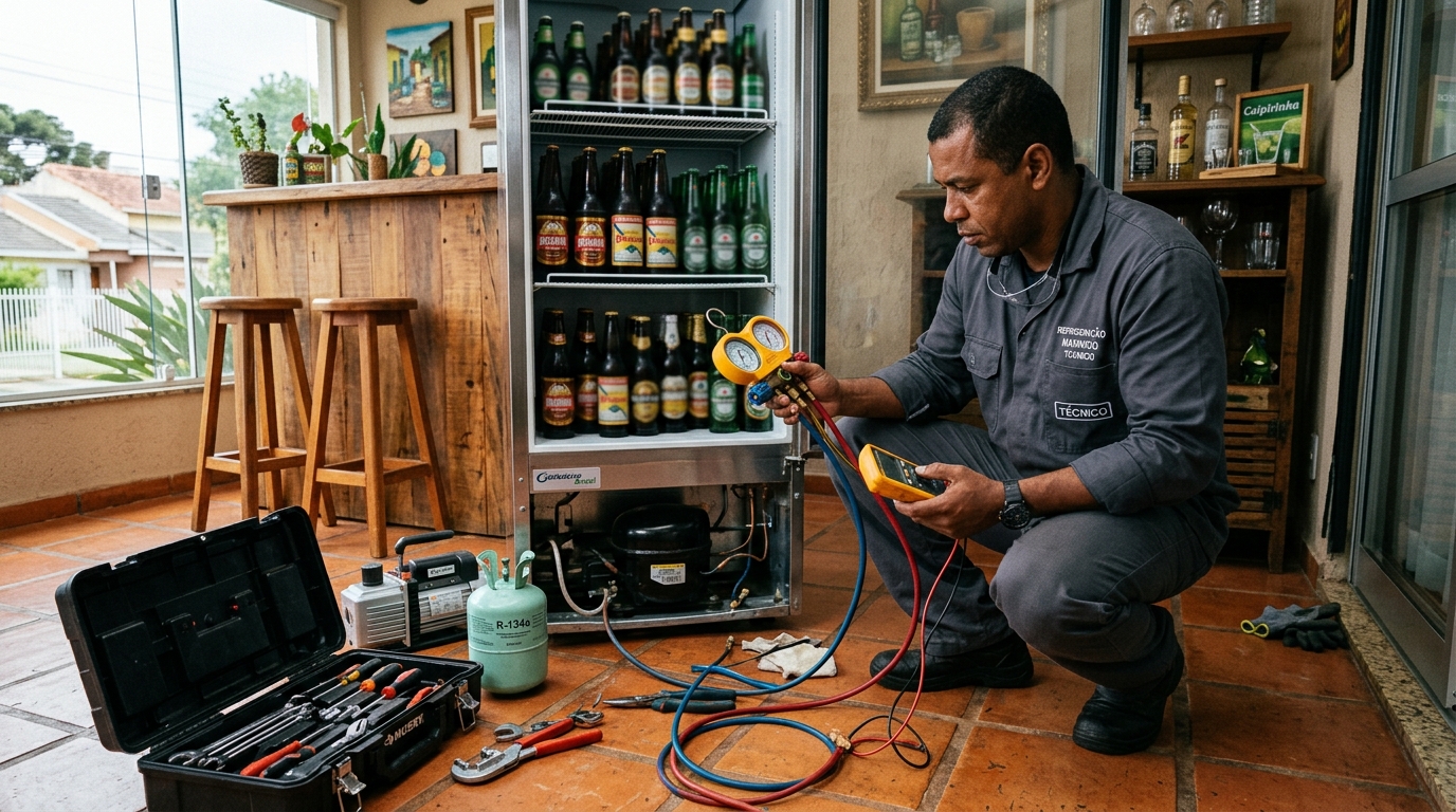 Técnico realizando manutenção de motor de cervejeira em Santos‑SP