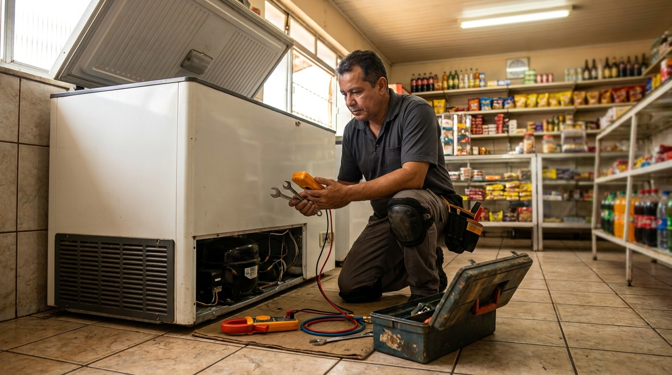 Técnico realizando manutenção de motor de freezer em Santos‑SP
