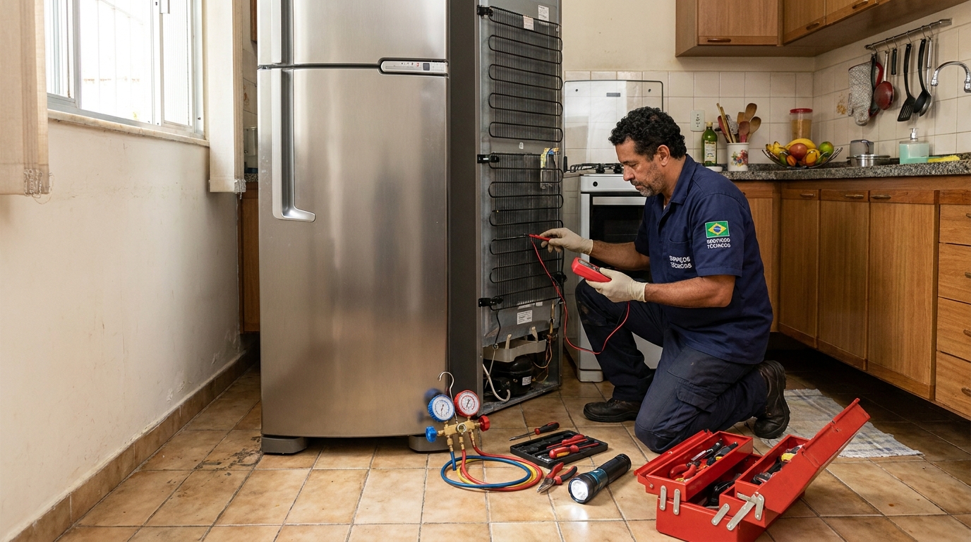 Técnico realizando manutenção de motor de geladeira em Santos‑SP