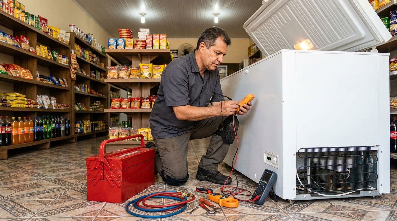 Recarga de gás refrigerante em freezer em atendimento em Santos‑SP