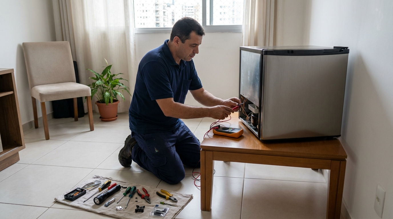 Técnico de conserto de frigobar em residência em Santos‑SP