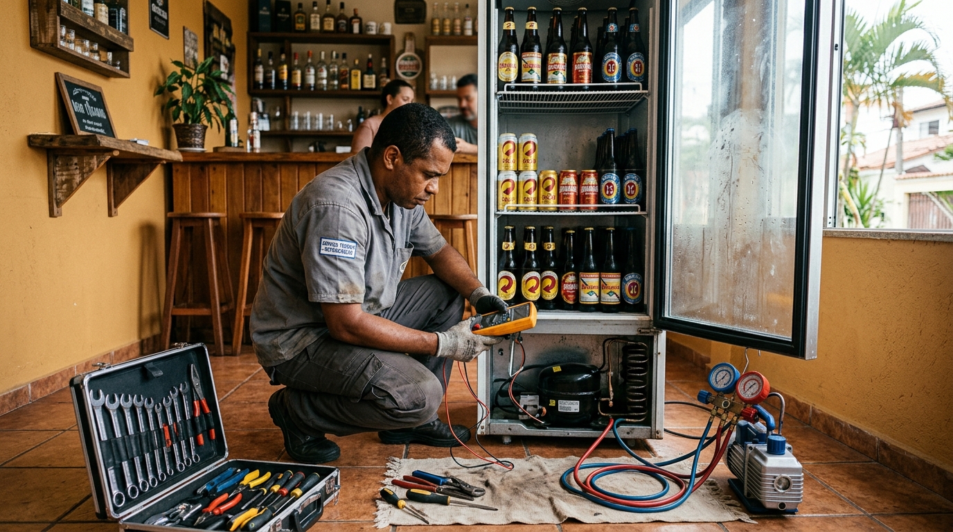 Troca de termostato de cervejeira em atendimento técnico em Santos‑SP