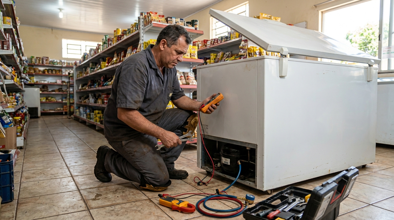 Troca de termostato de freezer em atendimento técnico em Santos‑SP